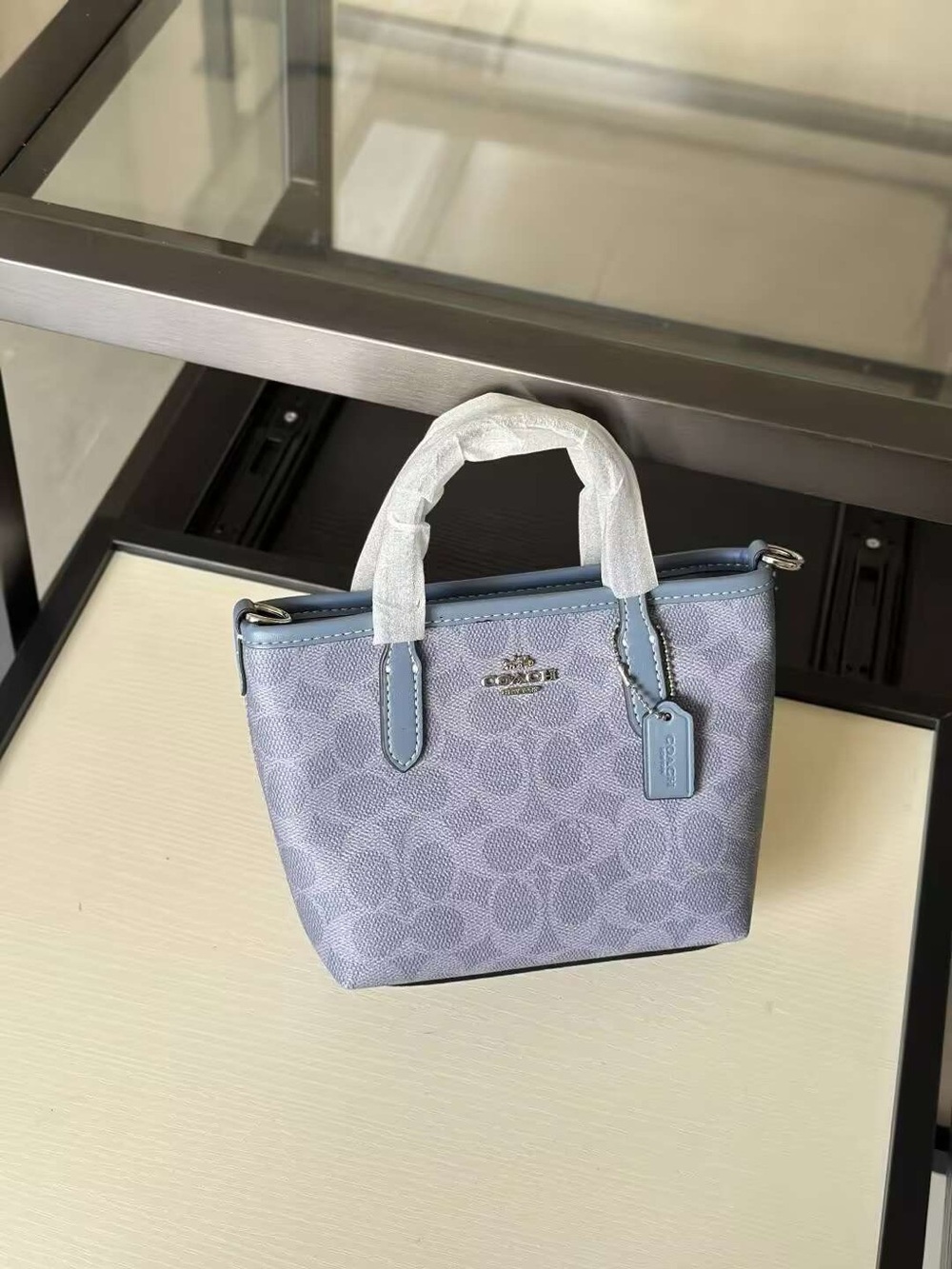 Coach Mini Tote in Light Blue Signature Jacquard and Leather Trim